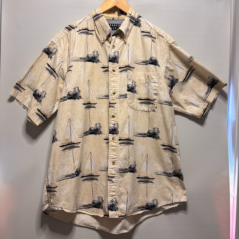 Trader Bay Sailboat Hawaiian Shirt Button Up Resort Beach Tropical Cotton Mens L